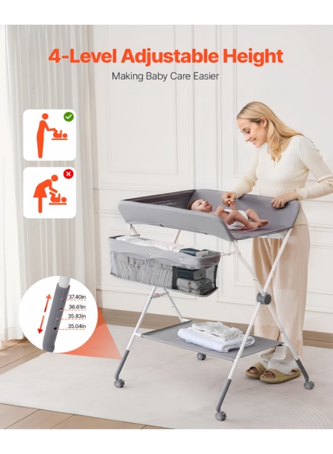 Baby Changing Table, Portable Folding Diaper Changing Station with Wheels, Adjustable Height, Mobile Nursery Organizer with Safety Belt and Large Storage Racks for Newborn Baby and Infant - Image 2